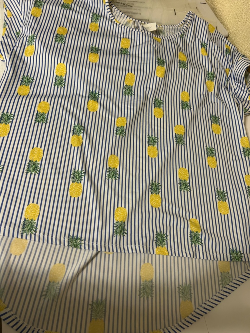 Tacera Blue-and-White Striped Short Sleeve Shirt with Yellow Pineapple Print